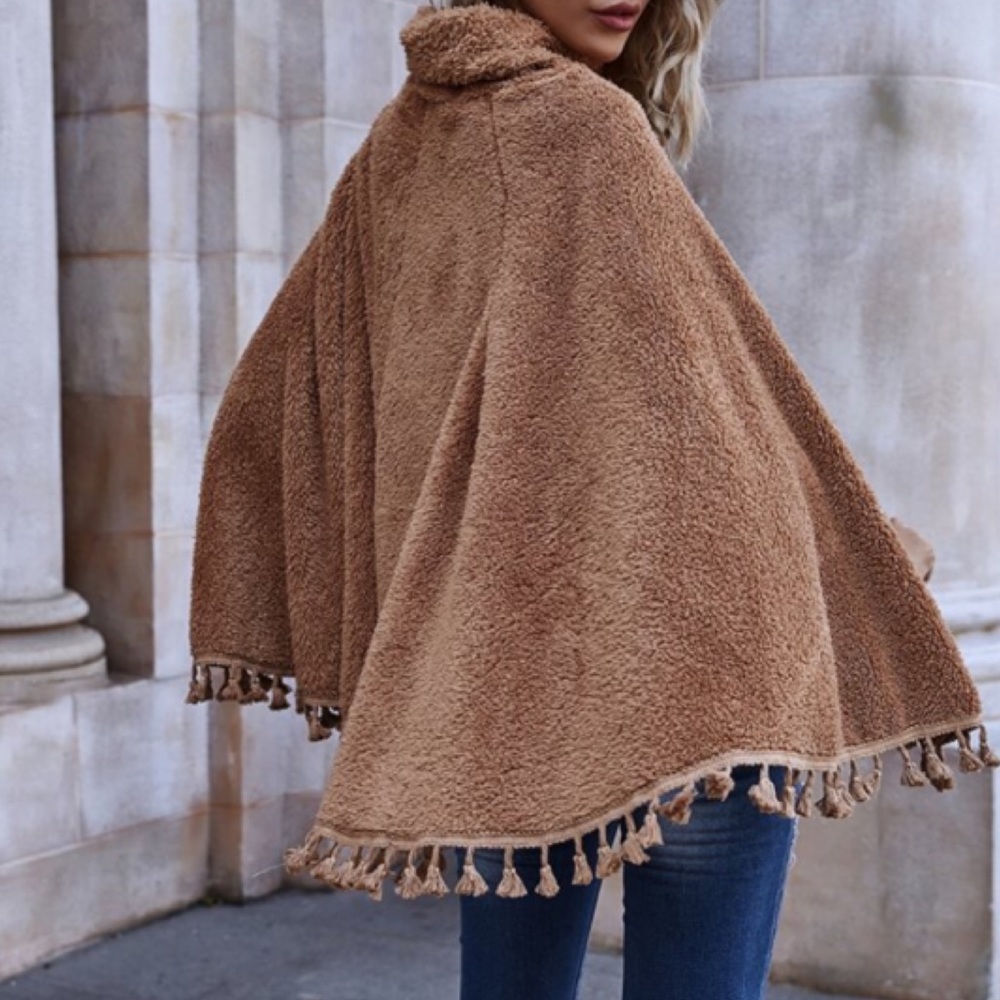 SOLD OUT CLEARANCE Soft Teddy Faux Fur Fringe Turtleneck Cape - Picture 3 of 8